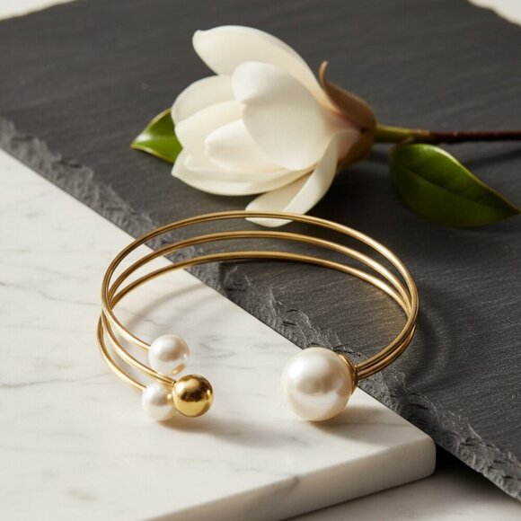 🆕️Elegant 14K Gold Plated Pearl Accent Adjustable Cuff Bracelet + Free Earrings - Picture 10 of 12